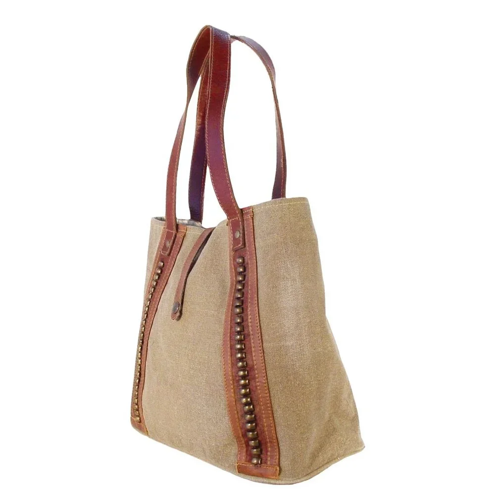 MONA B Upcycled Recycled Canvas and Leather Studded Tote Bag - Picture 4 of 11